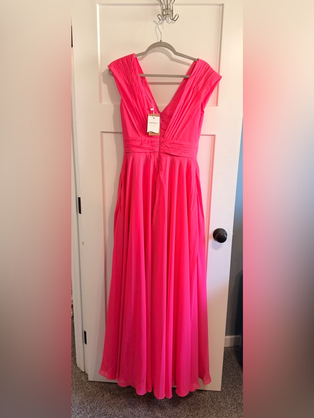 NWT Hot Pink V Neck Chiffon Dress - Picture 2 of 5